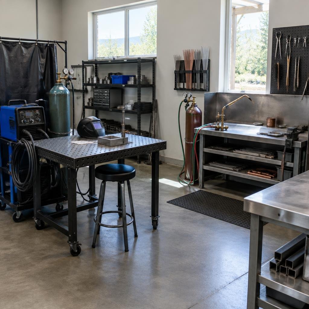 Clean, organized fabrication shop with a TIG welding station and brazing bench